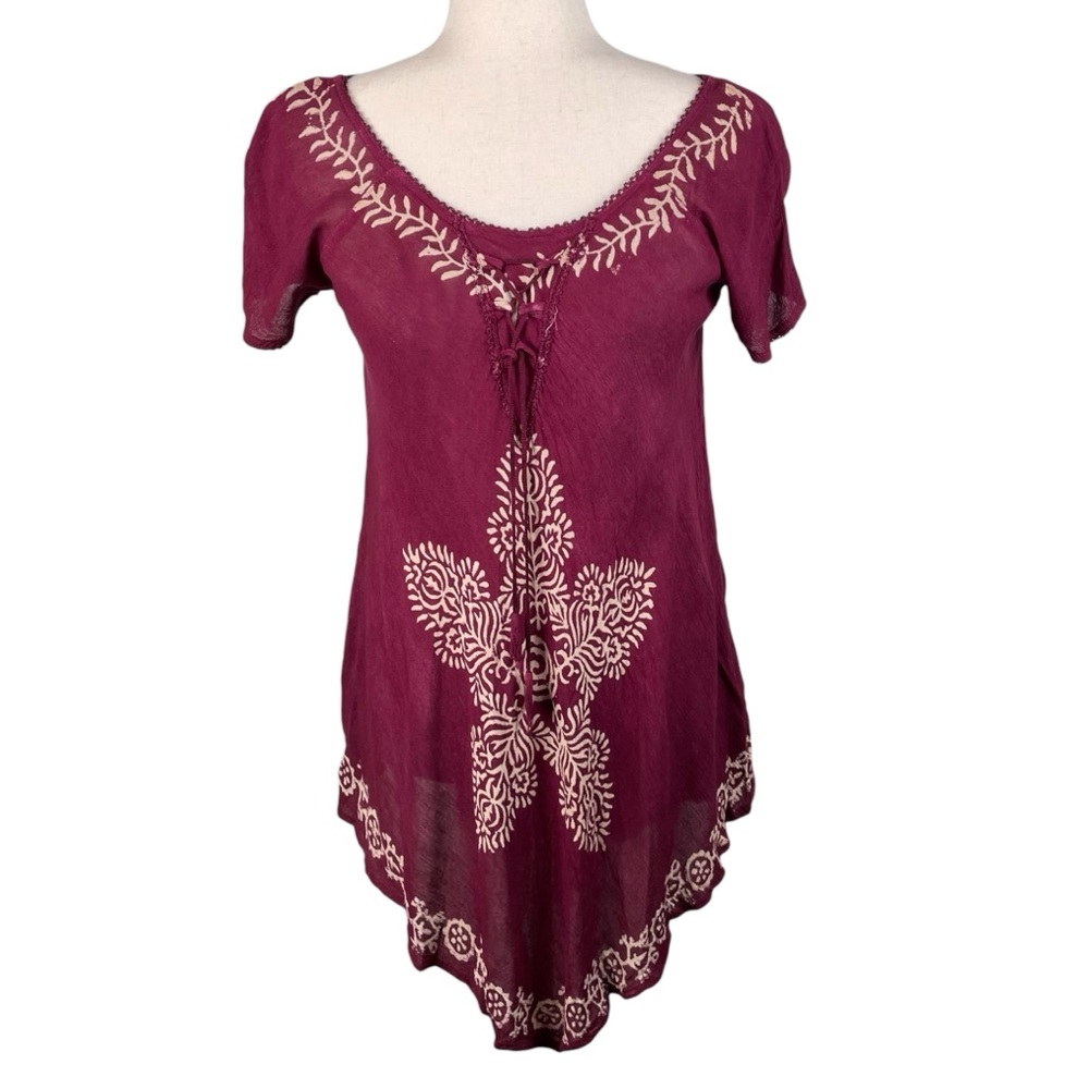 Etc. Women's Asymmetrial Long Tunic Top One Size Maroon Batik Lace Up Boho Indie